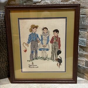 Vintage framed Norman Rockwell Boy Fishing with Dog Cross Stitch